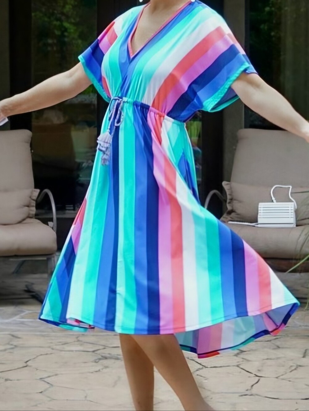 Cabana Life Multicolor Dress v-Neck sleeves stripe tassel ties stretch Size M